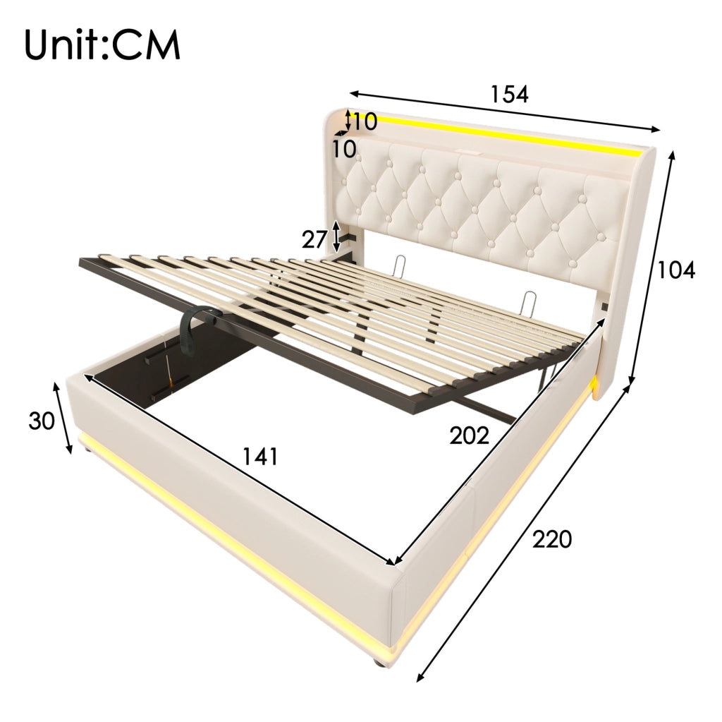 LETTO contenitore 140x200 cm PU bianco con LED, USB e Tipo-C