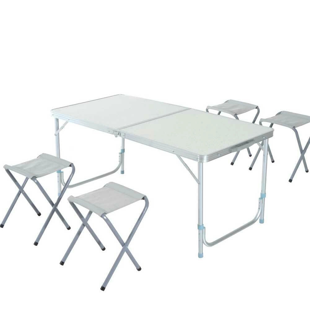 Tavolo Tavolino Pieghevole da Campeggio Picnic 120x60cm con 4 Sgabelli Alluminio