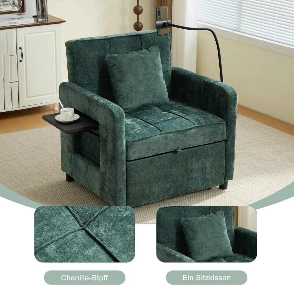 Poltrona letto convertibile extra lunga con schienale regolabile, tasche laterali e vassoio laterale in ciniglia verde
