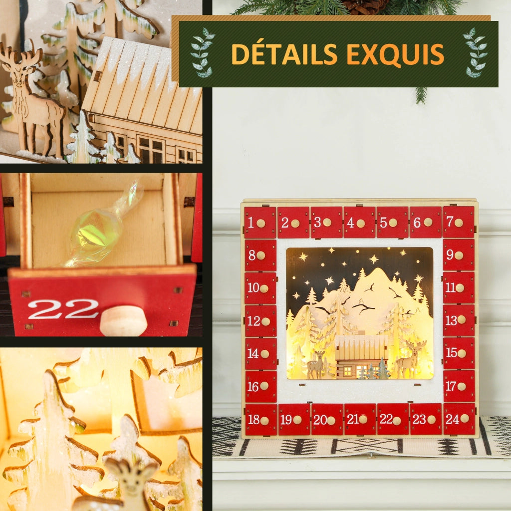 Calendario dell'Avvento LED con 24 cassetti ¨C zephmum ¨C legno rosso 60x40x19