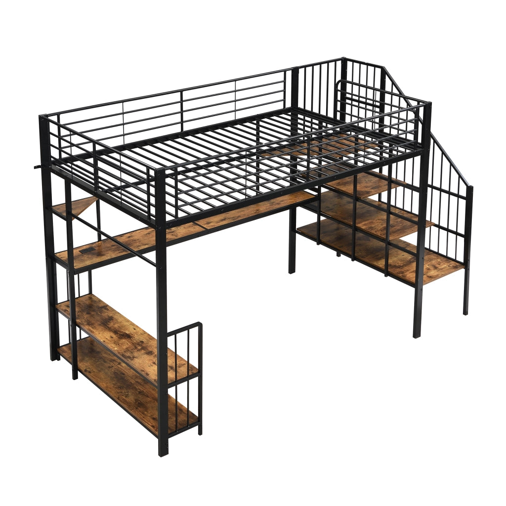 Lit mezzanine 120x200 cm en métal noir avec échelle latérale; prise USB et espace rangement