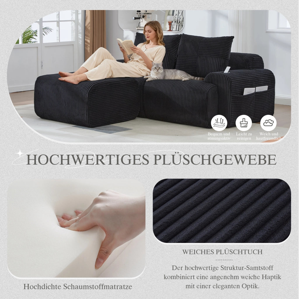 Divano modulare 2 posti con pouf, portabicchieri e tasca laterale in tessuto corduroy nero 200 × 174 × 80 cm