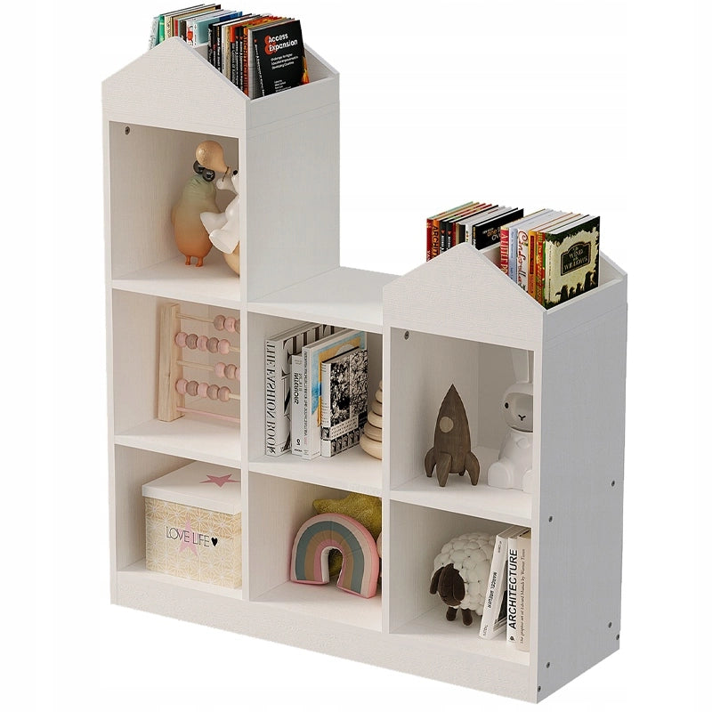 Scaffale bianco per bambini con 7 scomparti per giocattoli, libri, accessori e organizer