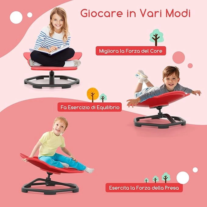 Sedia Girevole a 360° per Bambini, Sedia Sensoriale con Base in Metallo Antiscivolo per Allenare la Coordinazione Fisica e l'Equilibrio, Giocattolo per Cameretta (Rosso,Elefante)
