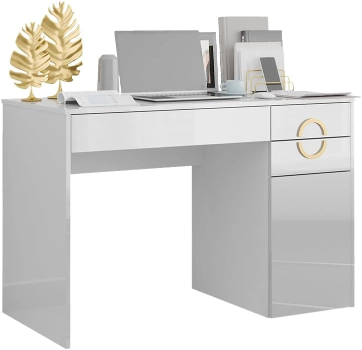 Scrivania Adela, Bianco lucido, 115 x 55 cm con 3 cassetti, adatto come postazione di lavoro per smart working e studio