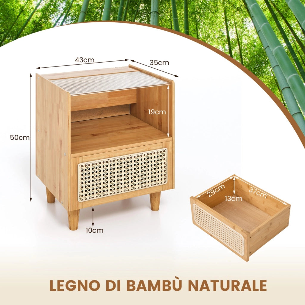 Comodino in bamb¨´ e rattan con cassetto e gambe in legno massello, Tavolino da salotto boho 43x35x50cm Naturale 2 Pezzi-Comodini