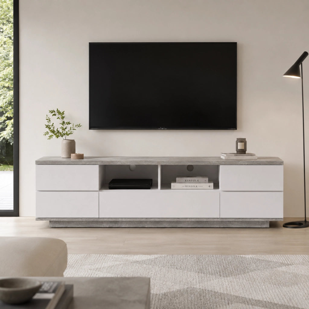 Mobile Tv Salotto Moderno Con 4 Ante 1 Anta A Ribalta 2 Vani A Giorno Con Passacavi Per Soggiorno Living Design In MDF Resistente 180 X 38 X 46 Cm Bianco E Grigio Cemento