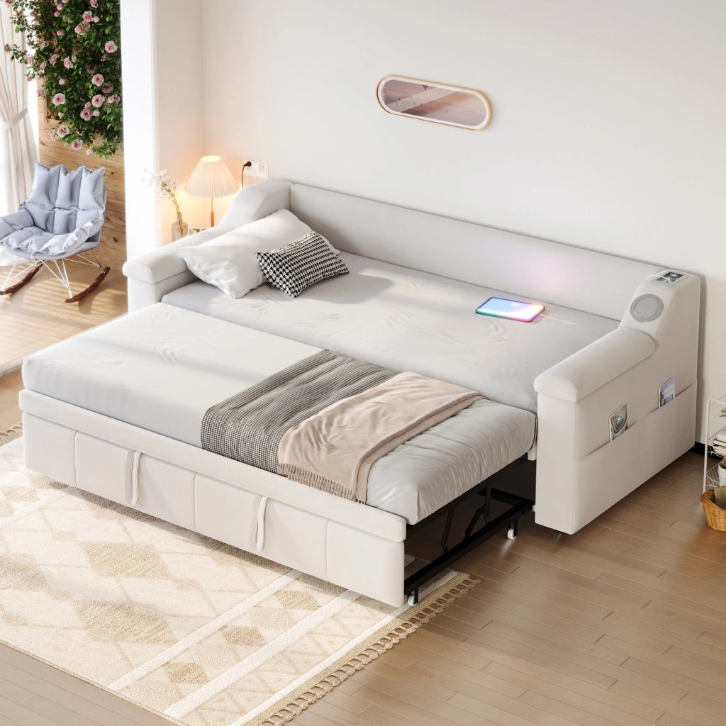 OKWISH Letto a Scomparsa 90×190 cm, Letto Singolo con Bluetooth, USB, Vani Portaoggetti e Braccioli, senza Materasso, Beige