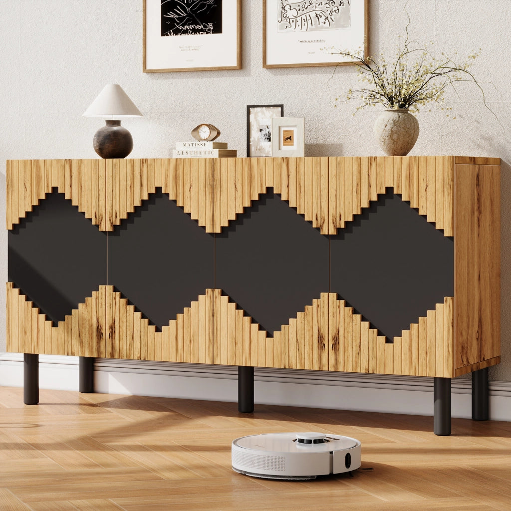 Credenza e madia con 4 ante push-open e 4 vani, per soggiorno, in MDF e truciolare, naturale nero, 140 × 40 × 70 cm