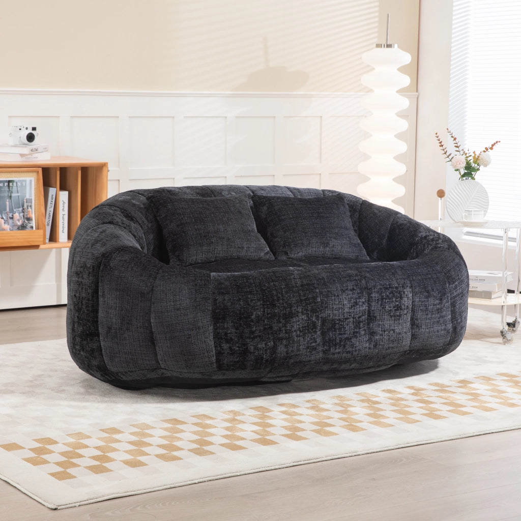 Divano Pouf 2 Posti con Braccioli e Schienale Alto; Poltrona Gaming da Pavimento in Memory Foam Confort; in Ciniglia Nero