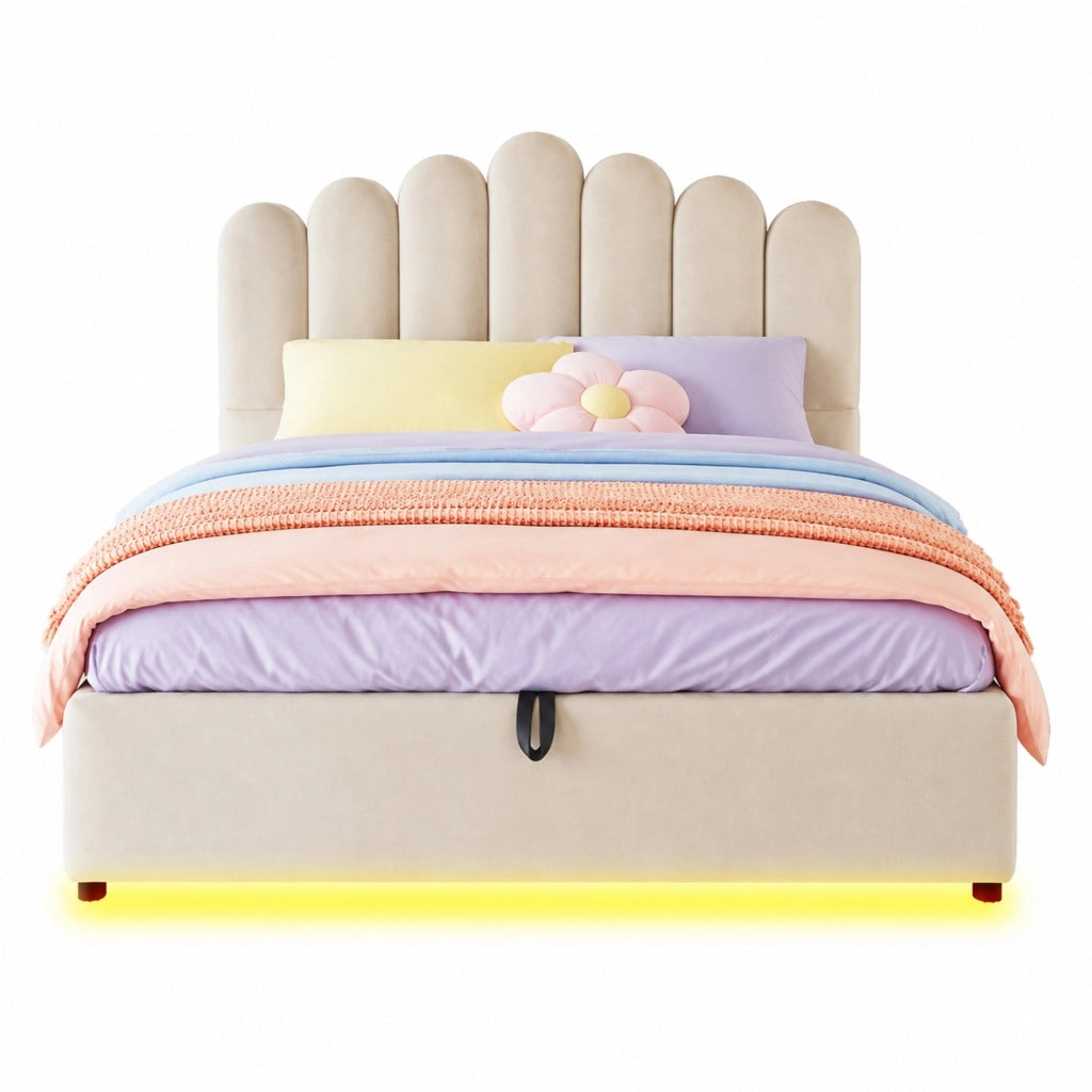 Letto matrimoniale imbottito 140x200 cm con contenitore idraulico; LED e velluto beige