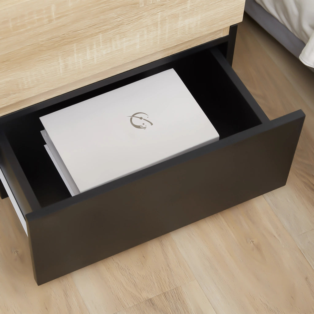 Comodino con cassetto, impilabile, comodino per camera da letto, in truciolato, nero+naturale, 50 x 40 x 47,5 cm