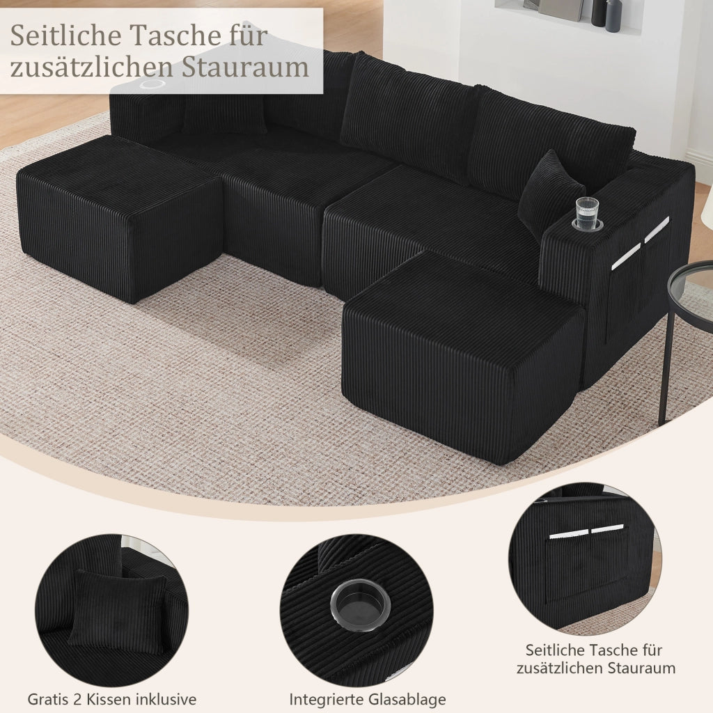 Divano angolare modulare 3 posti con pouf mobili portabicchieri tasche laterali e cuscini in velluto a coste nero
