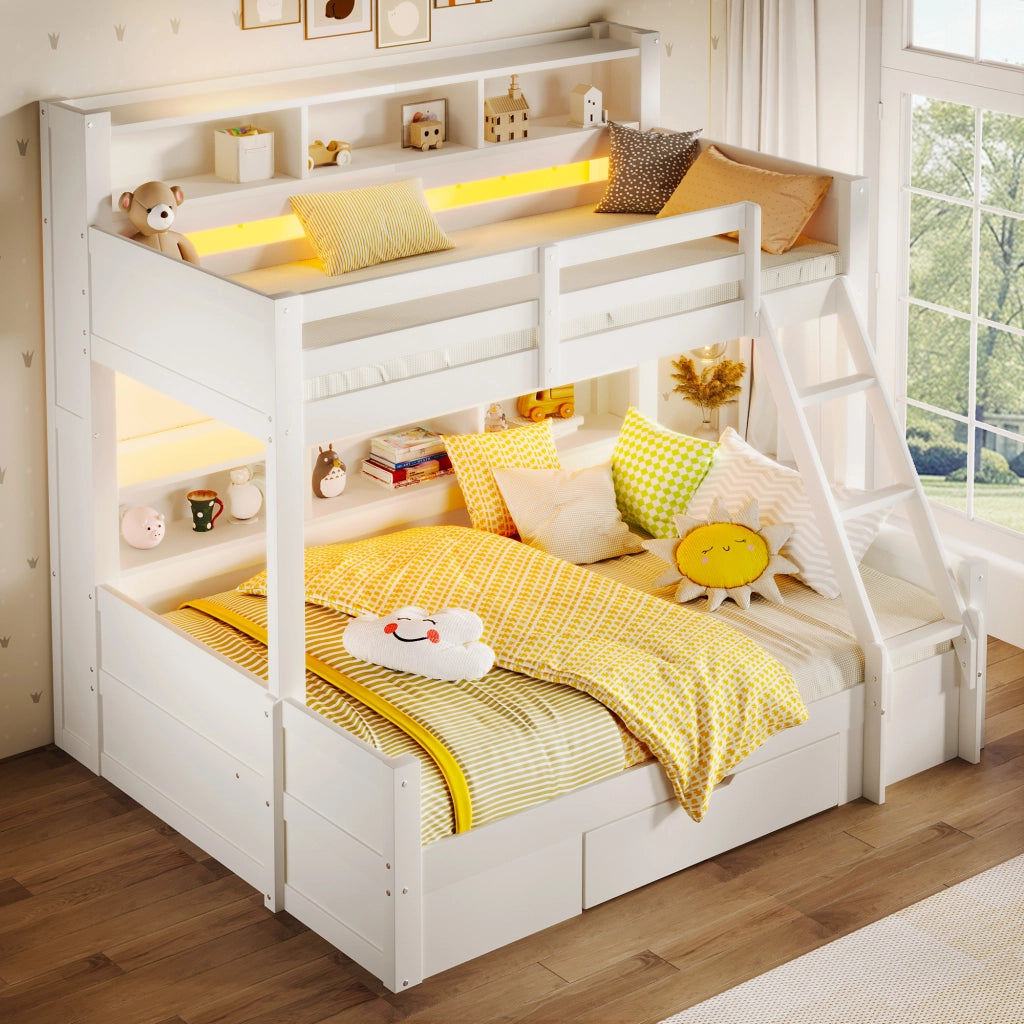 LETTO A CASTELLO 90x200 cm + 140x200 cm in legno bianco con LED