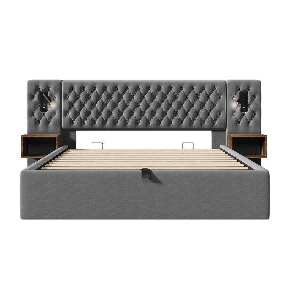 Letto con contenitore idraulico 180x200 cm - Xylo - Grigio velluto, 2 comodini, luce e USB