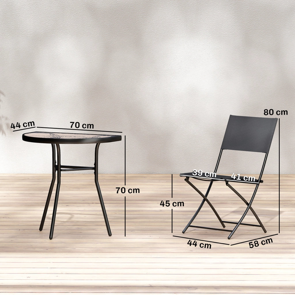 Set Bistrot Esterno 3 Pezzi ¨C zephmum ¨C Nero con Tavolo Vetro Semicircolare e Sedie Pieghevoli