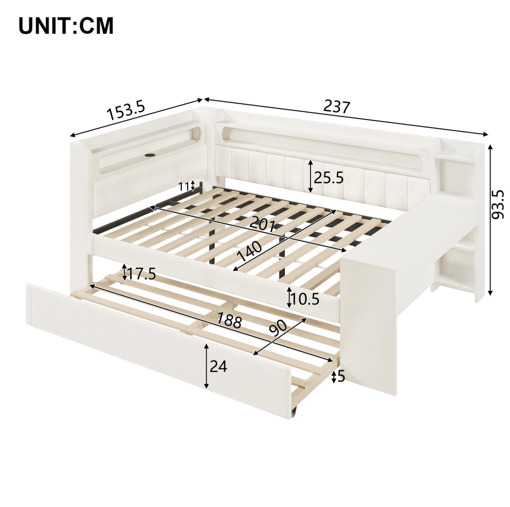 Letto imbottito 140x200 cm con letto estraibile; scrivania e LED in MDF; compensato; bianco