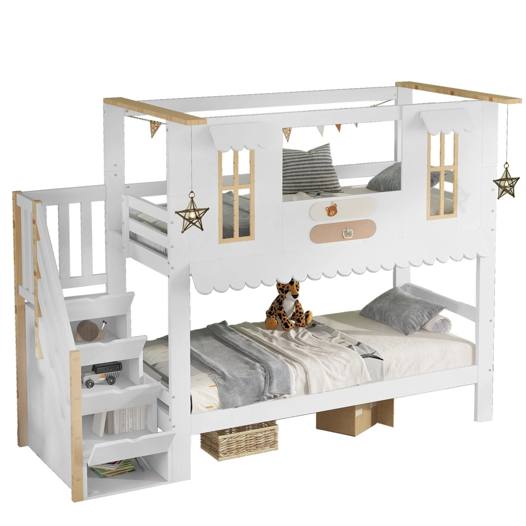 Letto a Castello 90x200 cm; con Scala Contenitore; Finestre e Tetto - Bianco Naturale