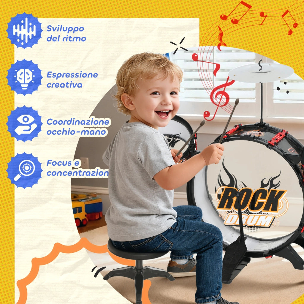 Set Batteria Giocattolo per Bambini con Sgabello, Gioco Musicale per Bambini 3-6 Anni, Nero