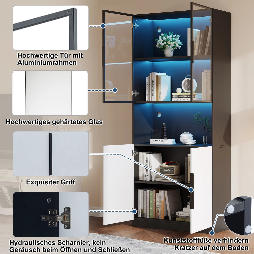 Vetrina con led e ante in vetro, vano aperto e ripiano regolabile, per soggiorno, 160 × 30 × 200 cm