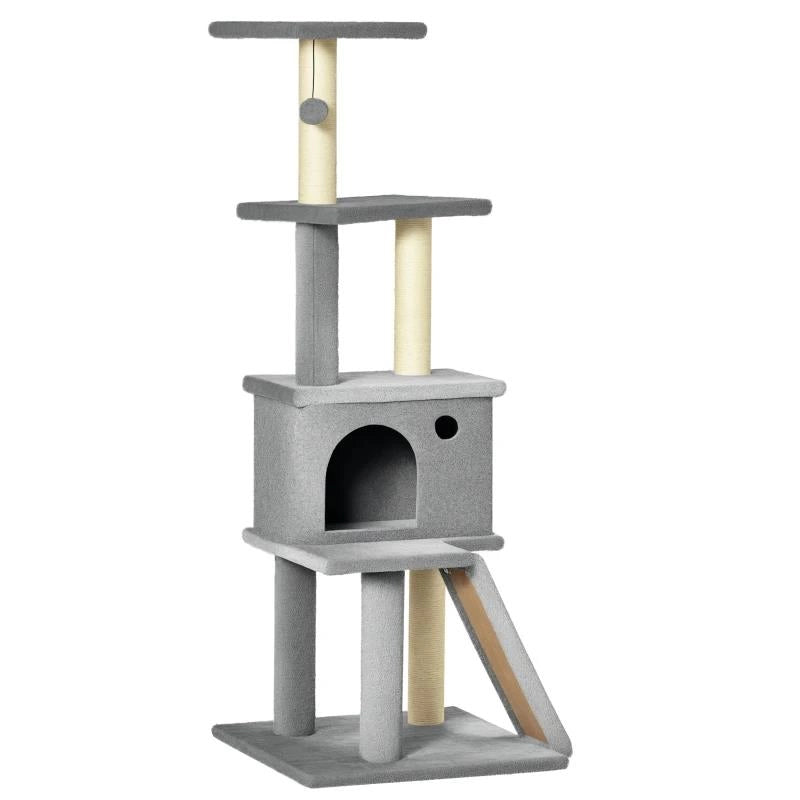ALBERO TIRAGRAFFI MULTILIVELLO CON CASETTA, SCALA, PALLINA E PALI IN SISAL, 48X48X125 CM, GRIGIO