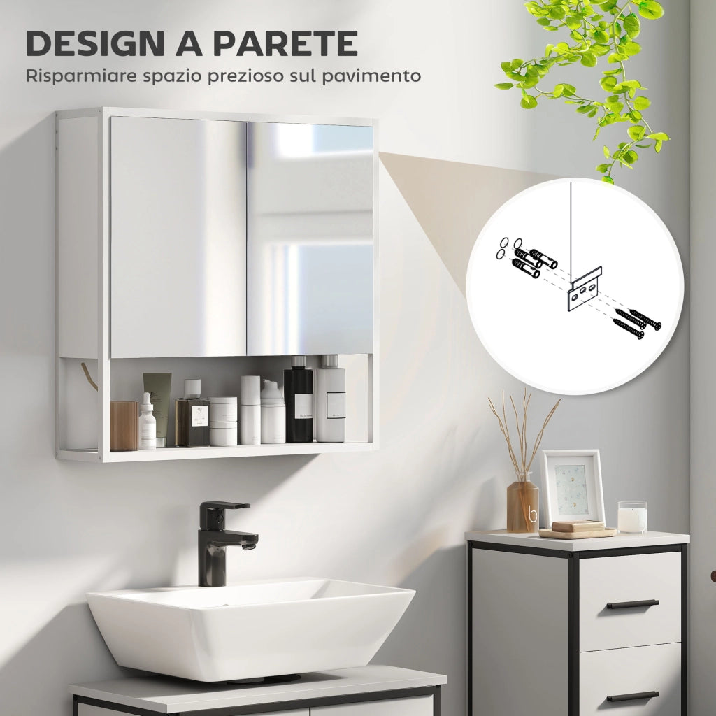 Mobile Bagno a Parete 60x16x60 cm con Specchio Armadietto e Ripiano Aperto in Legno Bianco