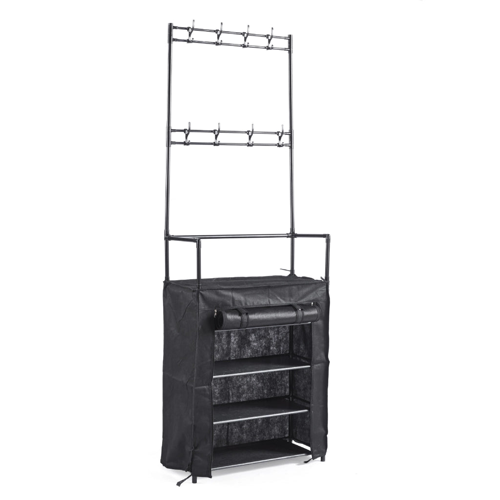 Scarpiera con Appendiabiti Salvaspazio 60/80x26x168 cm, Armadio Portascarpe in Metallo con 10 Ganci, Mobile Ingresso Rivestito in Tessuto Nero, Organizzatore per Ingresso e Camera 60x26x168-Tania