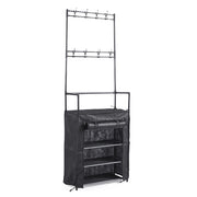 Scarpiera con Appendiabiti Salvaspazio 60/80x26x168 cm, Armadio Portascarpe in Metallo con 10 Ganci, Mobile Ingresso Rivestito in Tessuto Nero, Organizzatore per Ingresso e Camera 60x26x168-Tania