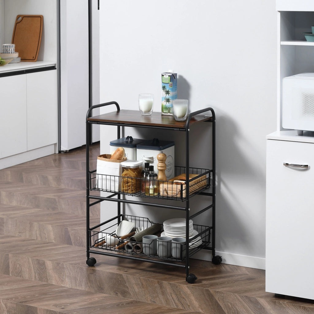 EasyComfort Carrello da Cucina Portavivande Stile Industriale con 4 Ruote, 2 Cestini e 4 Ganci, 60x38x85.5cm, Marrone Nero