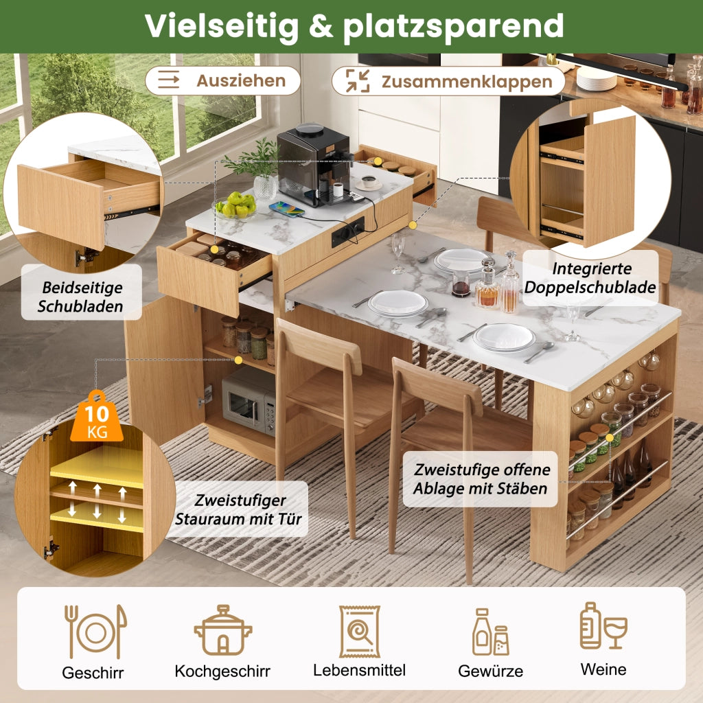Tavolo allungabile multifunzionale con LED, ripiani e cassetti per cucina e zona pranzo, colore naturale 58 × 154 × 94 cm