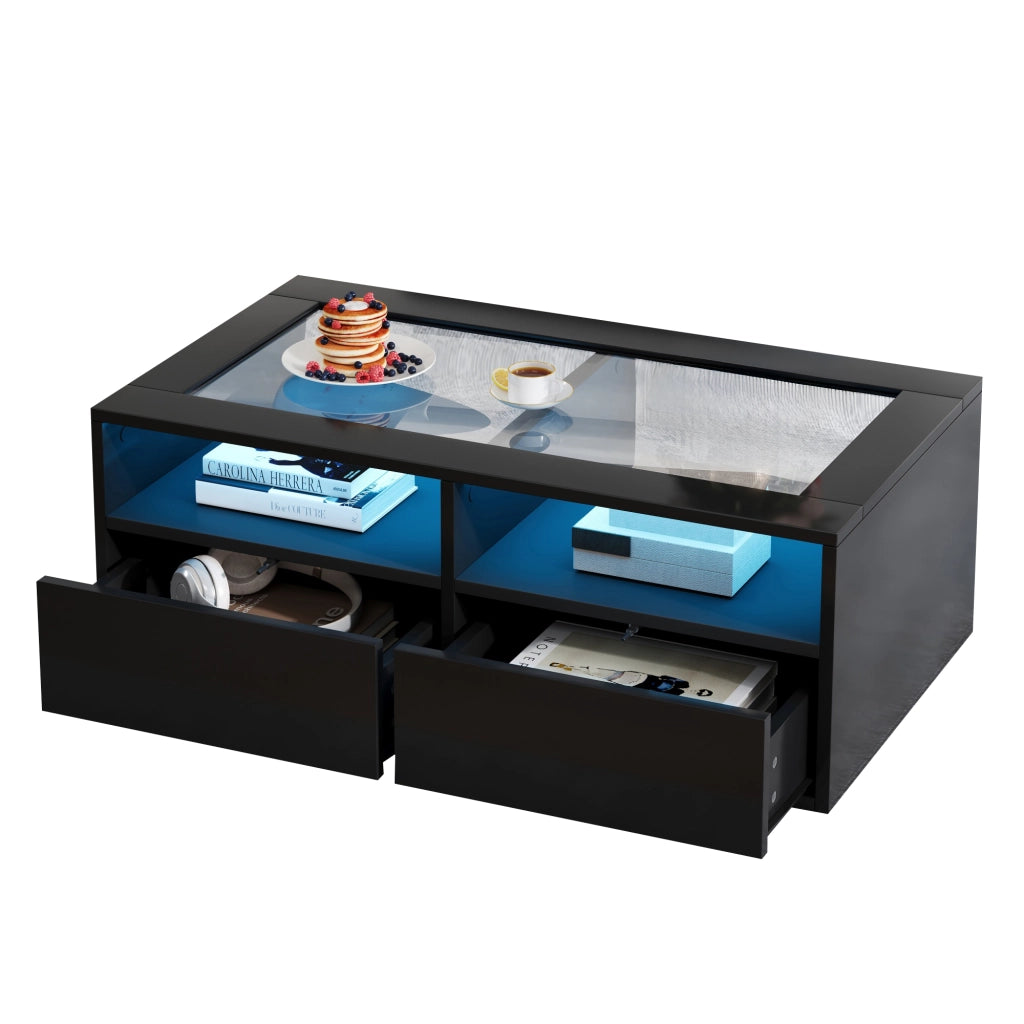 Tavolino da caffè con 2 cassetti; LED e USB - per soggiorno - 100x50x35 cm - nero