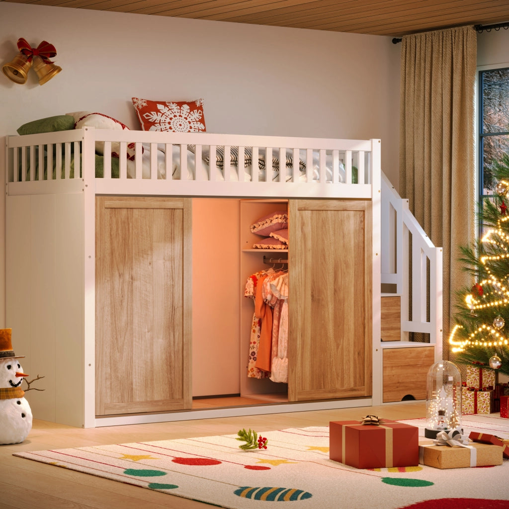 Letto a soppalco 90x200 cm con armadio, scala e luce multicolore