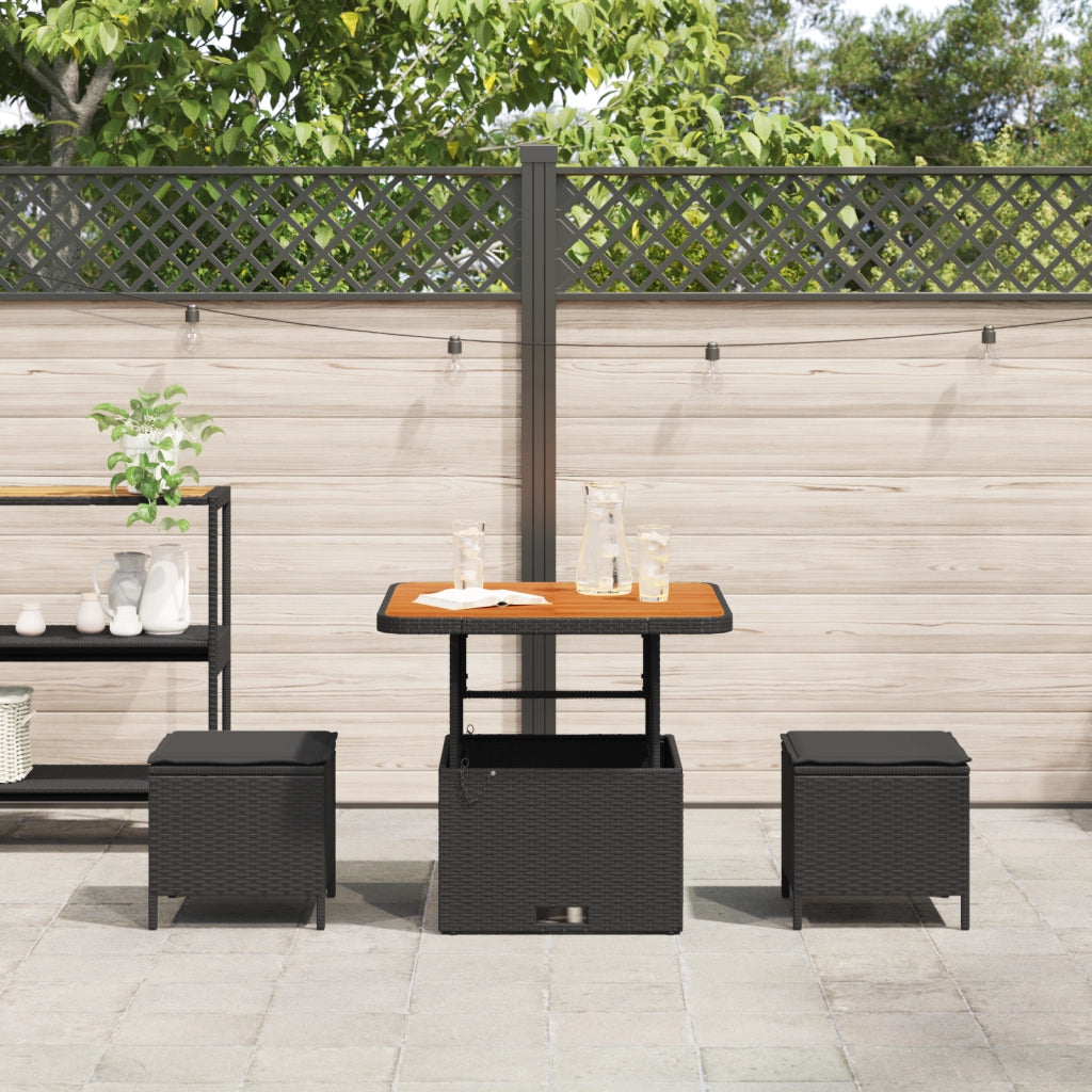 Set da Pranzo da Giardino in 3 Pezzi con Cuscini Nero in Rattan Sintetico e Acacia