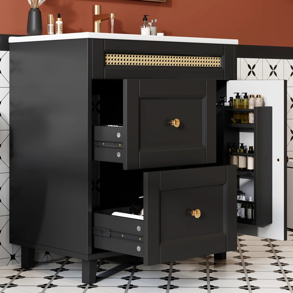 Mobile sottolavabo da bagno con lavabo in ceramica, 2 cassetti e ante, gambe in legno, nero 76 × 46 × 86,5 cm