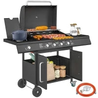 Barbecue a Gas con Fornello Laterale, Tavolino e Armadietto, in Acciaio e PP, 129.5x56x110 cm, Nero