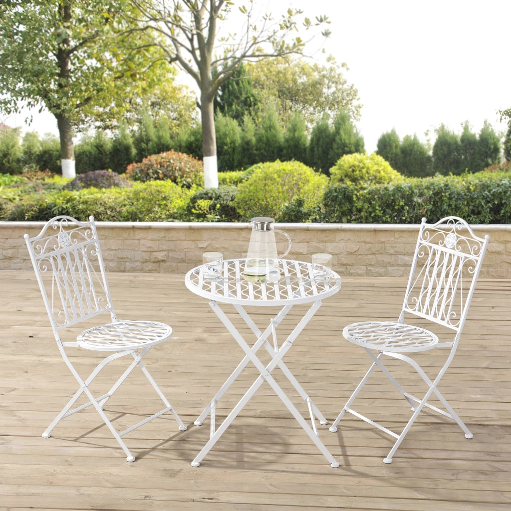 Set Bistrot Biella da Esterno con Tavolo Rotondo e 2 Sedie in Metallo Decorativo - Bianco [en.casa]