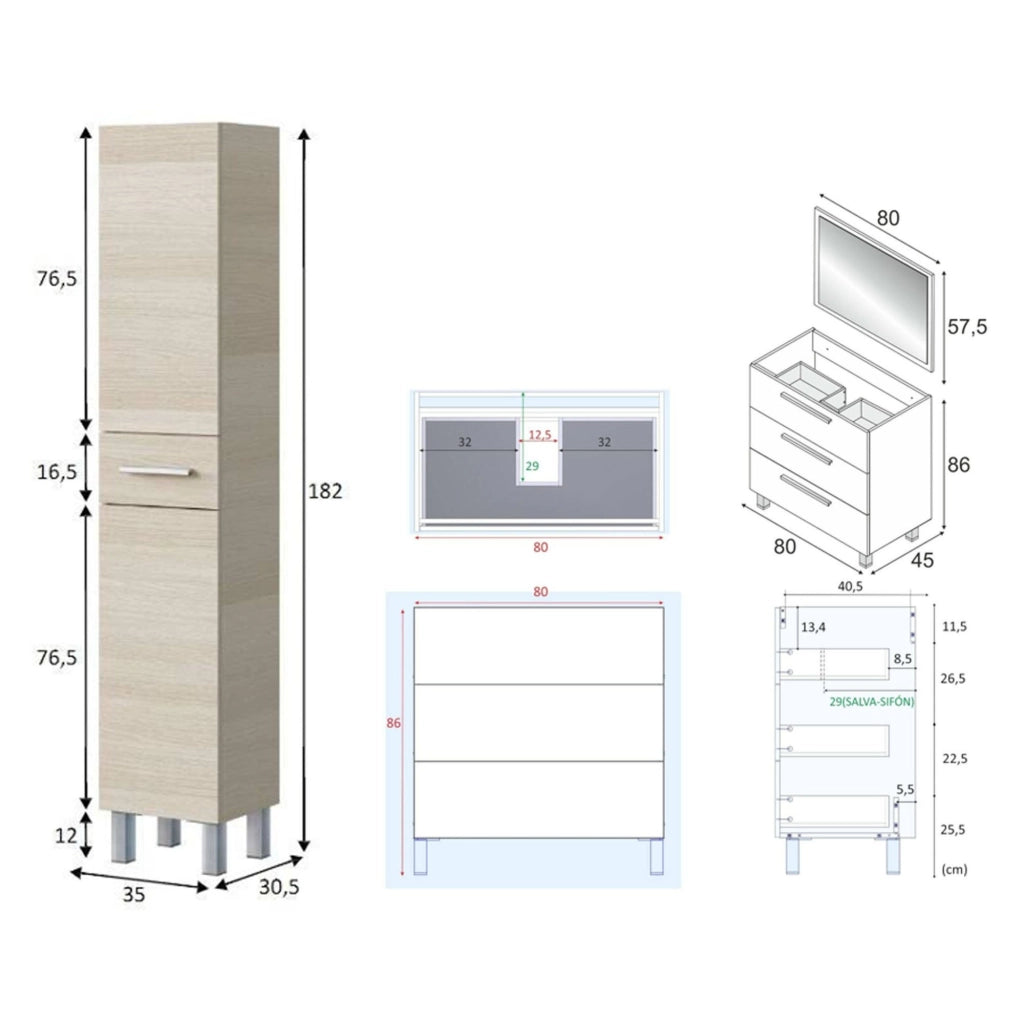 Nomaglio, set Mobili Bagno Specchio Incluso, Marrone Rovere