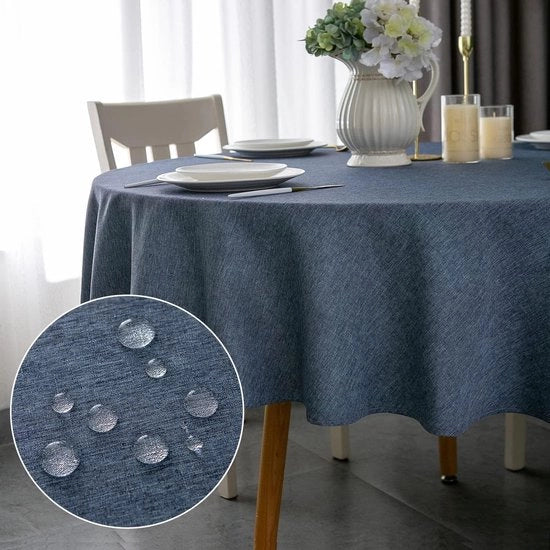 Tavolo con tovaglia circolare impermeabile blu, Φ150cm, tovaglia per tavolo e sala da pranzo con aspetto lino in poliestere.
