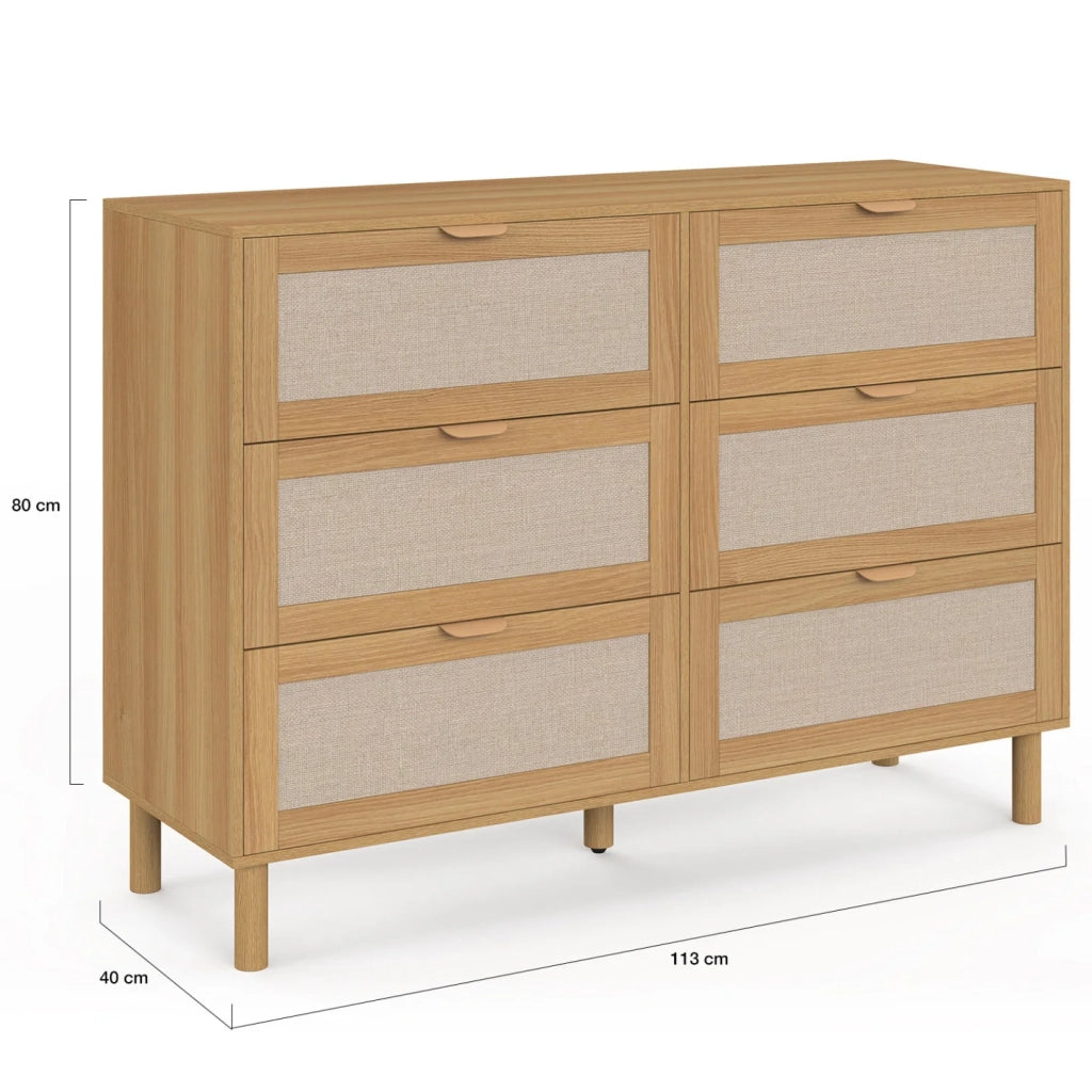 IDMarket - Contenitore ROBIN a 6 cassetti da 115 cm in legno e tessuto effetto lino