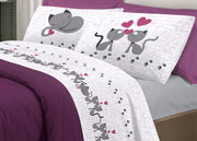 Completo Lenzuola Linea Pensieri Delicati 100% Cotone Disegno Gattini - Piazza E Mezza - Rosa