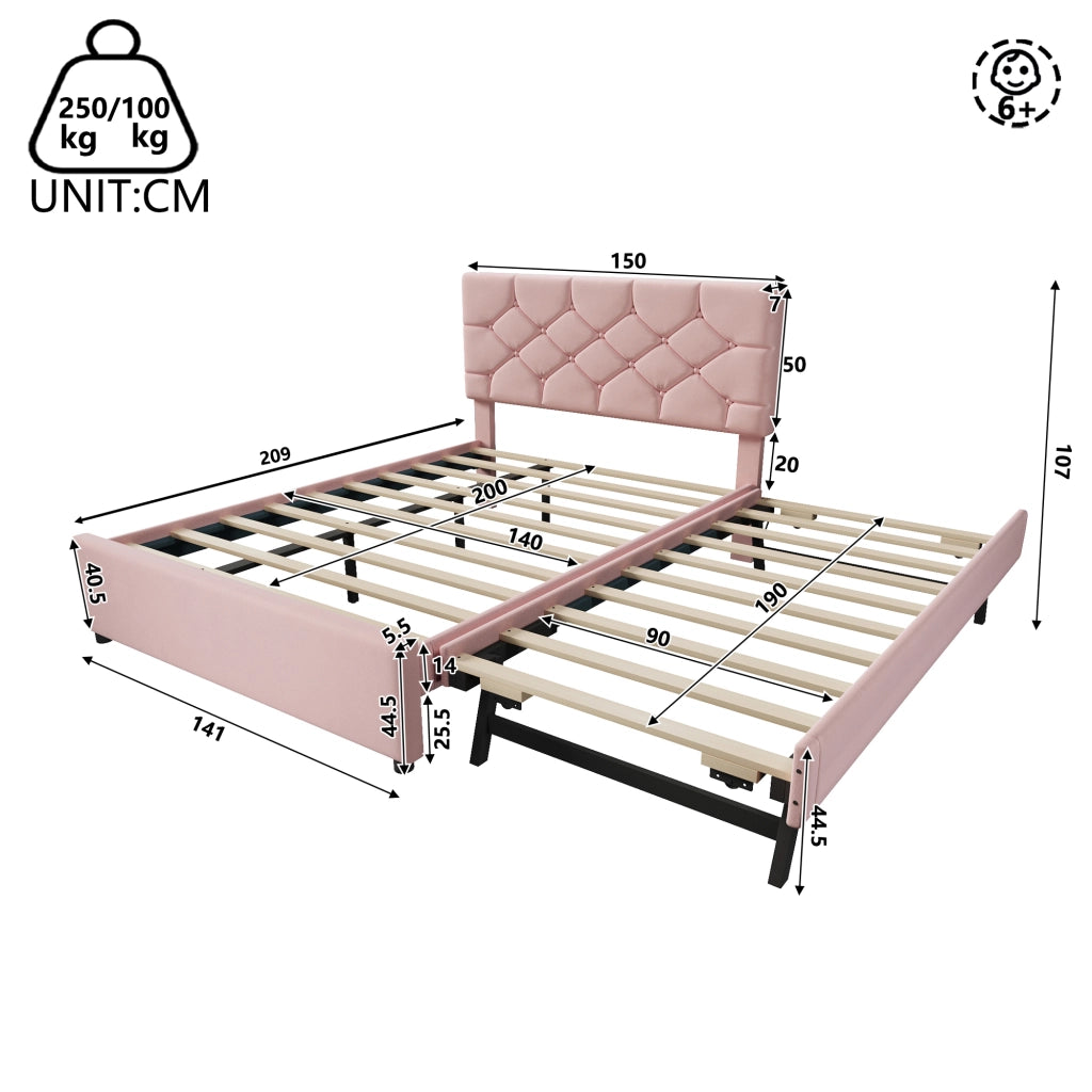 Letto Estraibile Letto Matrimoniale con Letto Ausiliario; 140×200 cm e 90×190 cm; senza Materasso; Rosa