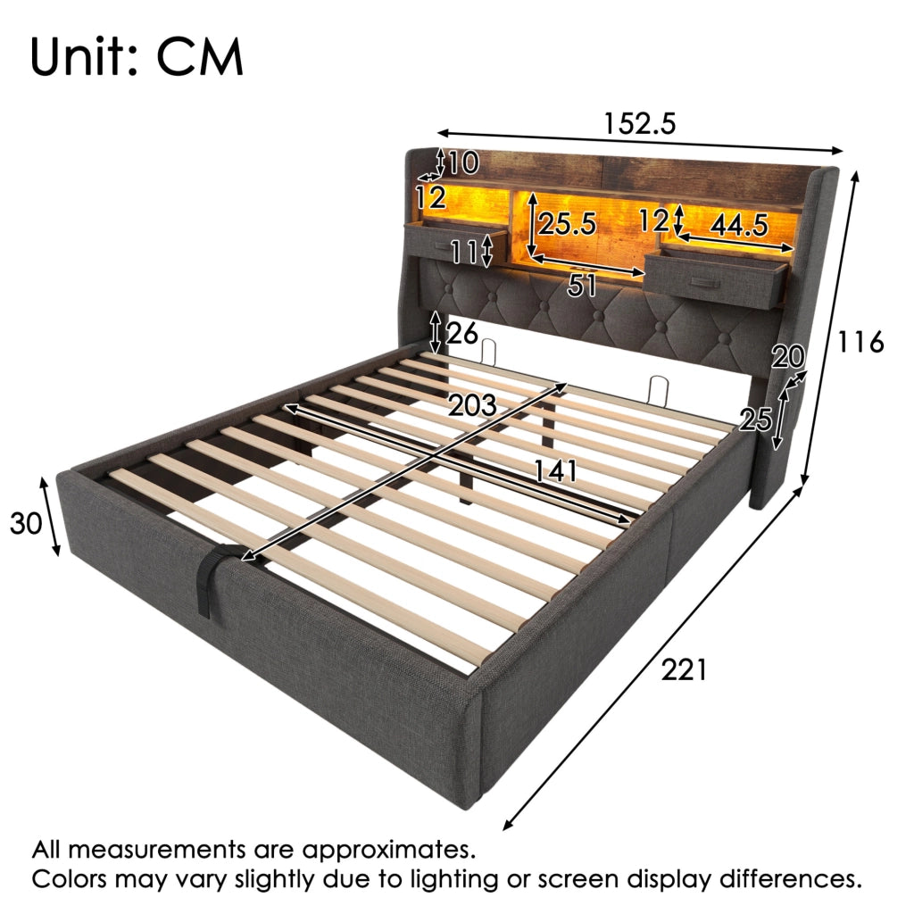Letto contenitore imbottito 140x200 cm con LED; USB/Type-C e materasso; grigio