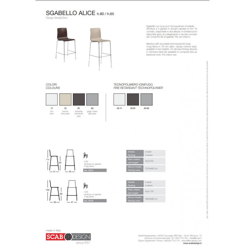 SET DUE SGABELLI ALICE HT 80CM TECNOPOLIMERO SCAB DESIGN - Antracite 81