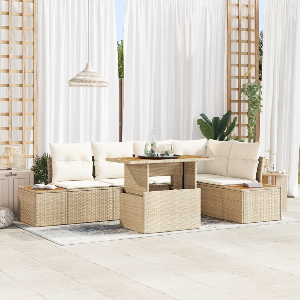 Set da pranzo da giardino 6 pezzi di con cuscini beige in rattan e acacia