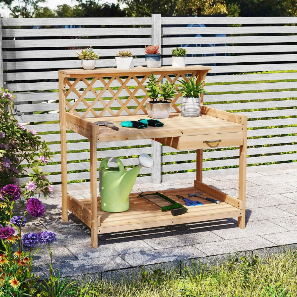 Tavolo da giardinaggio con traliccio e cassetto rimovibile, Panchina per vasi di fiori da interno ed esterno Naturale-Scaffali per piante