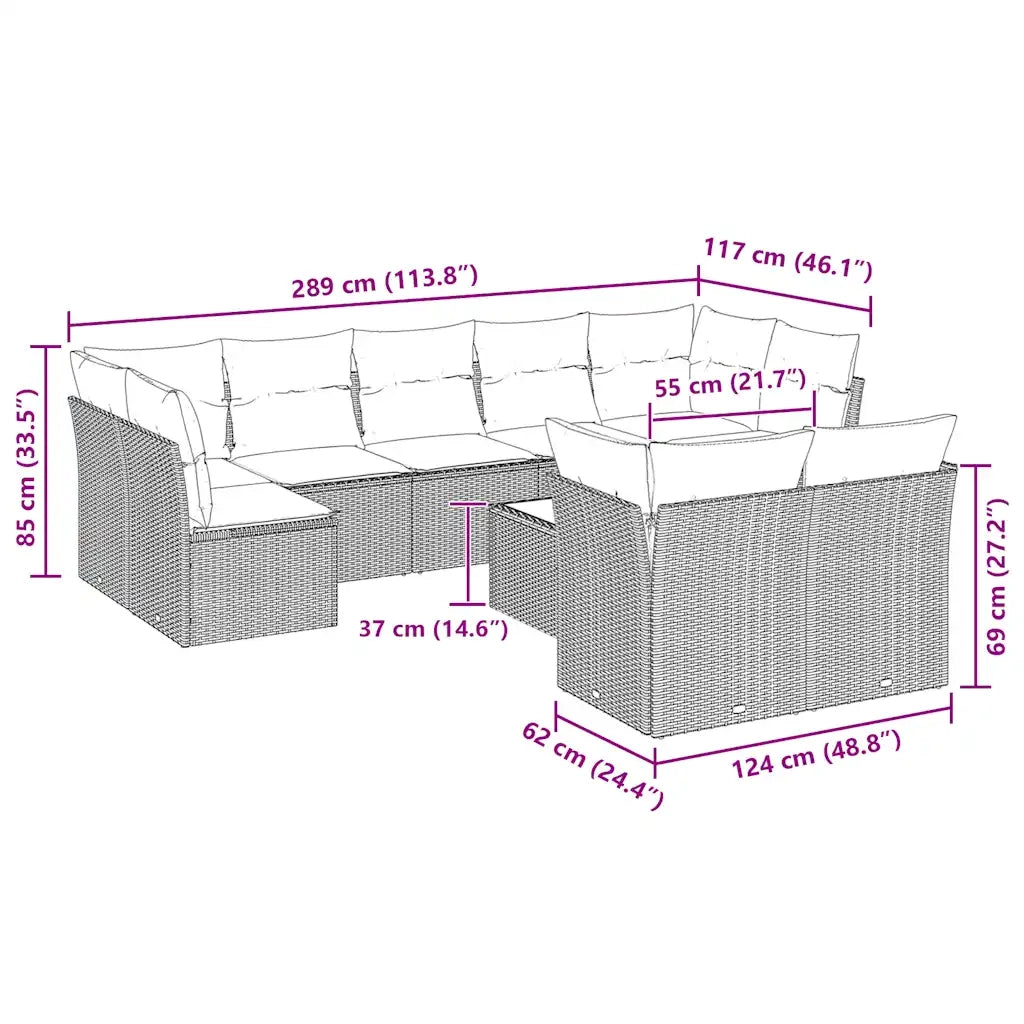 Set Divano Giardino 10 pz con Cuscini Grigio Chiaro Polyrattan