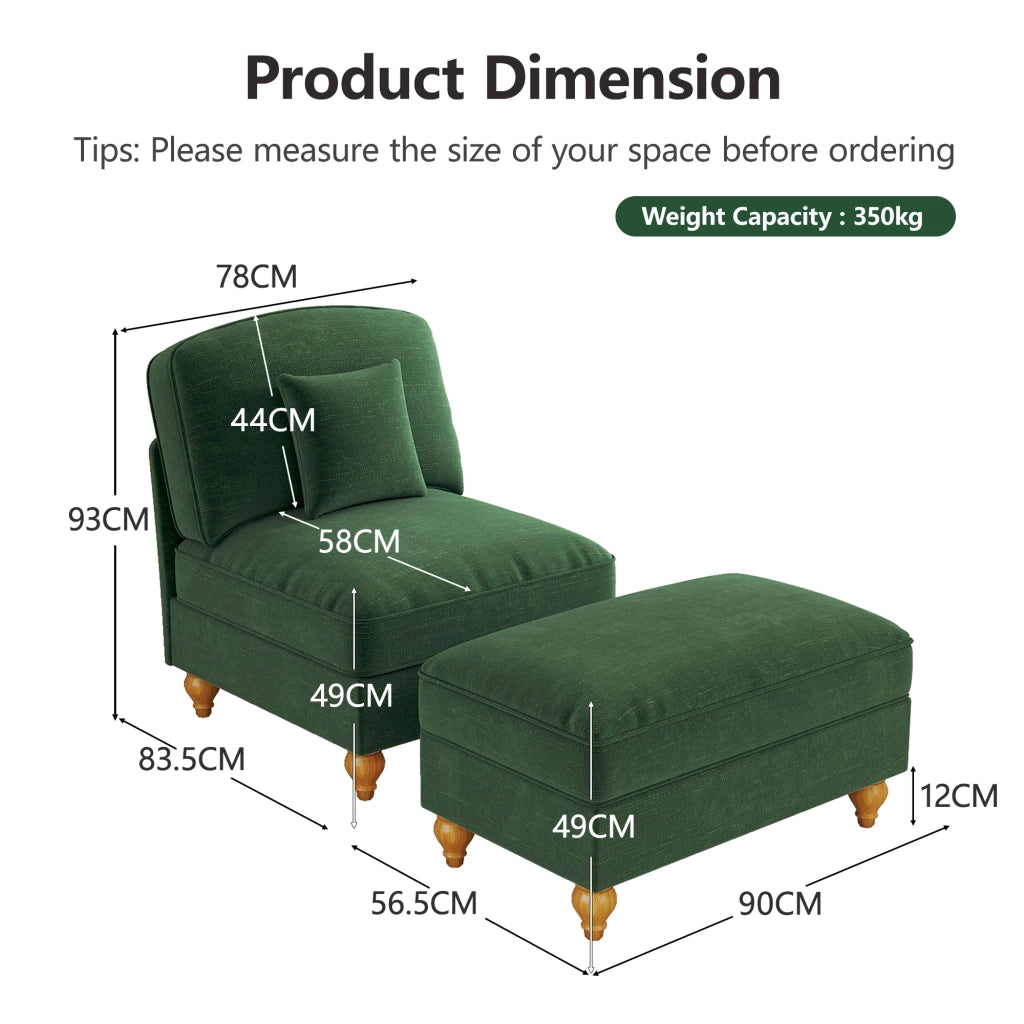 Poltrona con Pouf ¨C MINIMAL ¨C Velluto Verde, Gambe in Legno, Soggiorno