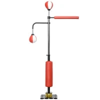 Supporto per Sacco da Boxe con 2 Speedball, Asta da Boxe Girevole, Kickpad, Regolabile in Altezza, in Acciaio, 84 x 36 x 140-205cm, Nero, Rosso e Bianco