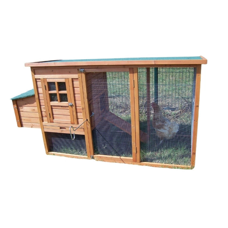 Pollaio da giardino compatto in legno 198x75 cm – per 3-4 galline – pareti 10 mm con voliera e nido di cova – PO2070 Foresta