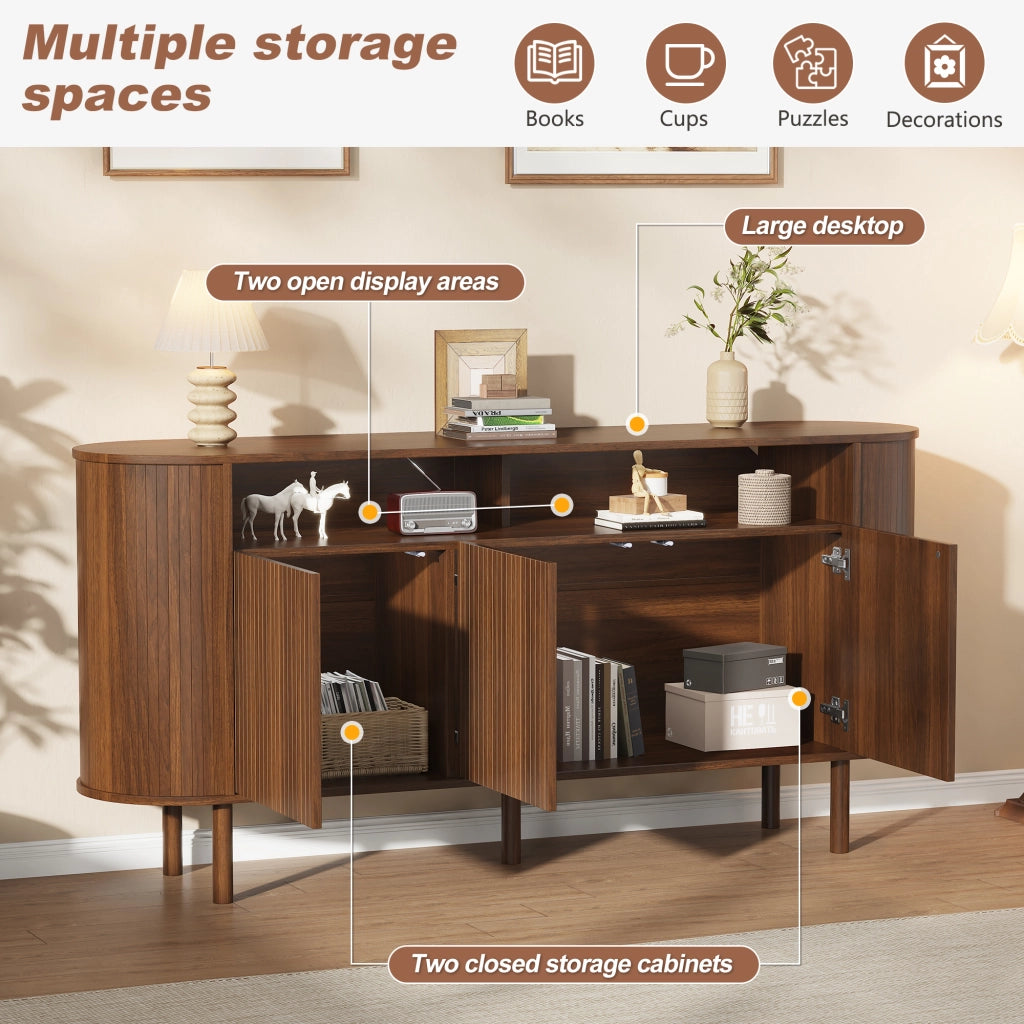 Credenza e madia con 3 ante a onde e 2 vani aperti, per soggiorno, in truciolare, noce, 160 × 40 × 78,5 cm
